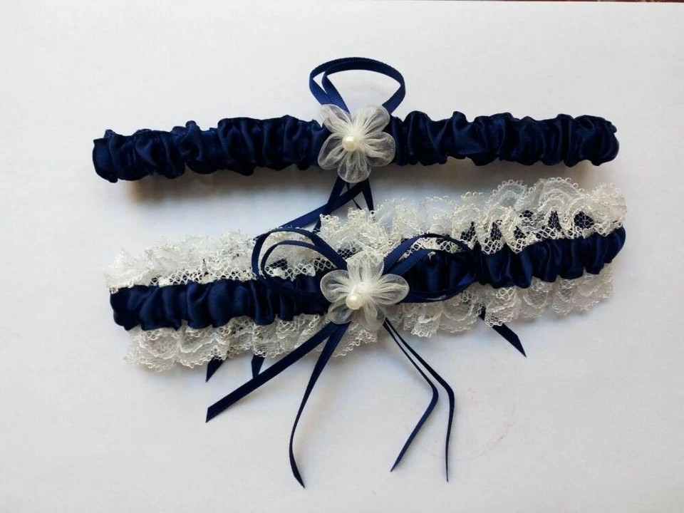 Bridal Wedding Garter Set White Lace Floral Elastic Keepsake & Toss Garters New - Image 2 of 4