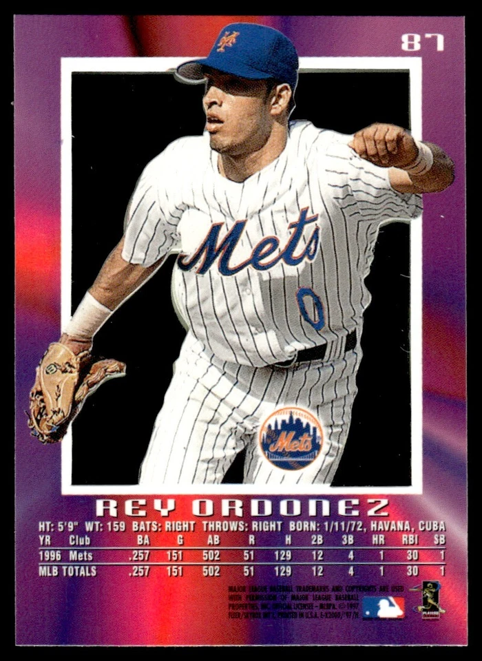 1997 SkyBox E-X2000 Rey Ordonez New York Mets #87 R129 - Image 2 of 2