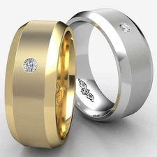 Matte Finish Bezel Round Diamond Beveled Edge Men's Wedding Band Gold 0.05 Ctw.