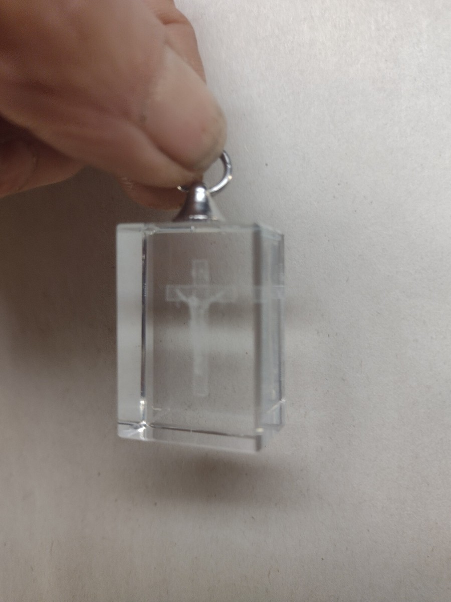 Solid Crystal Quartz Cube Square Engraved Edged Cross Pendant View 4