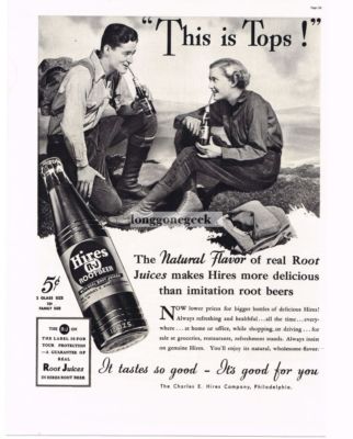 1937 HIRES ROOT BEER Man Woman Hikers Vintage Ad 