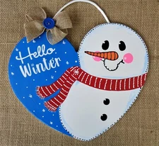 SNOWMAN Hello WINTER SIGN Door Hanger Plaque Seasonal Wood Wooden Handcrafted