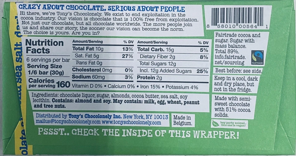 2x Tony's Chocolonely chocolate oscuro almendra sal marina 6,35 oz barra de caramelo - PAQUETE DE 2 Foto 3 de 3
