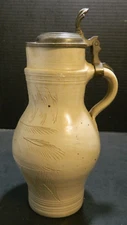 Antique Etched Stoneware Lidded Pitcher w/ Pewter Lid 12" x 6" x 5" VG-Excellent