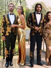 Shiny Embroidery Men Suits Sets 2Pcs Wedding Jacket Pants Groom Party Prom Lace