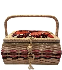 Vintage Woven Sewing Basket Box Multicolor, Embroidered Floral Top With Handle
