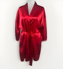 Fredericks of Hollywood Womens S/M Red Satin Robe Lace Trim Belted Y2K Lingerie