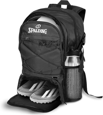 Spalding Soccer Backpack Sports Bag, Black Soccer Bag with Ball and Shoe Compart