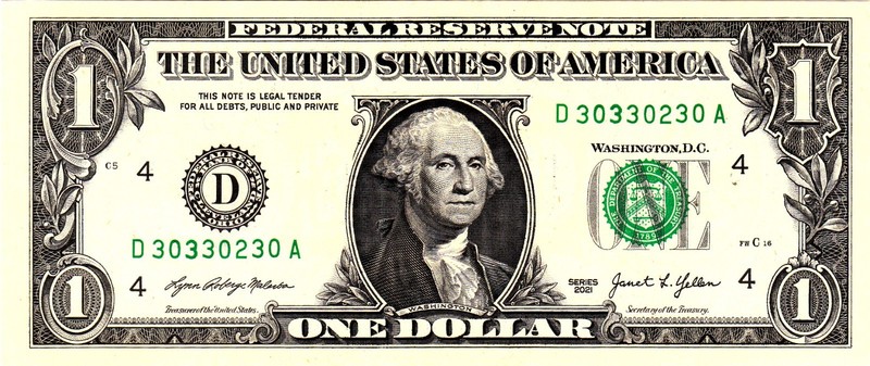 $1 2021 Fancy Serial  Uncirulated CU D30330230A