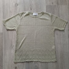 VTG New Jersey Knit Top Sage Green Pointelle Short Sleeve Scalloped Hem Size M