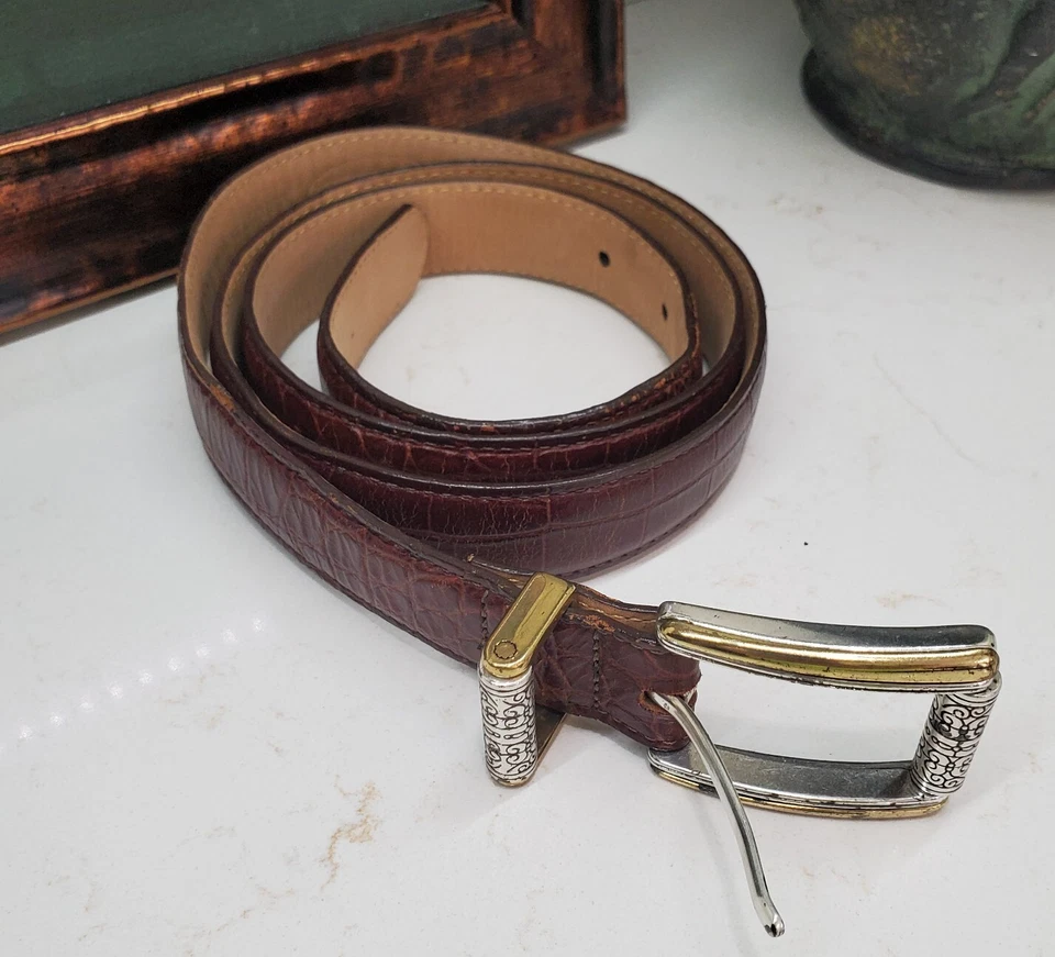 XL Talbots Mujer Cinturón 2 Tonos Dorado Plata Britán Hebilla Cuero "Caimán" Foto 2 de 4