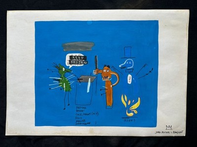 BASQUIAT drawing and painting on old paper signed stamped vintage