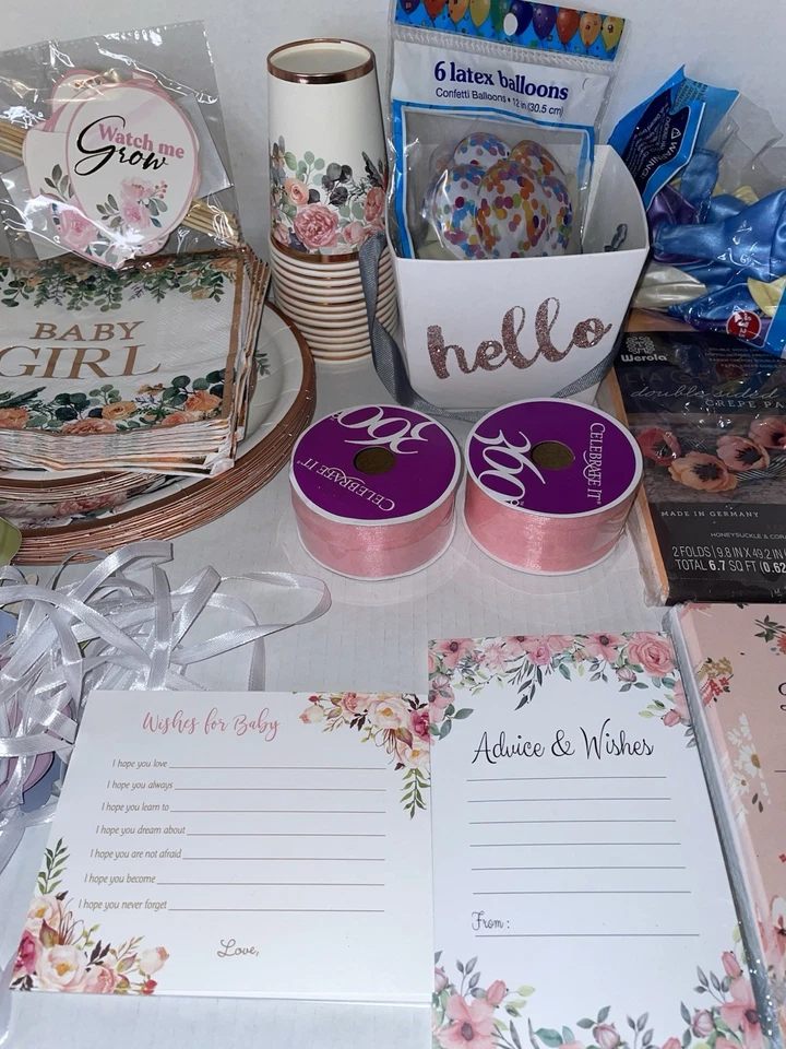 Juego de ducha para bebé niña platos florales servilletas tazas invitaciones globos oro rosa Foto 3 de 4