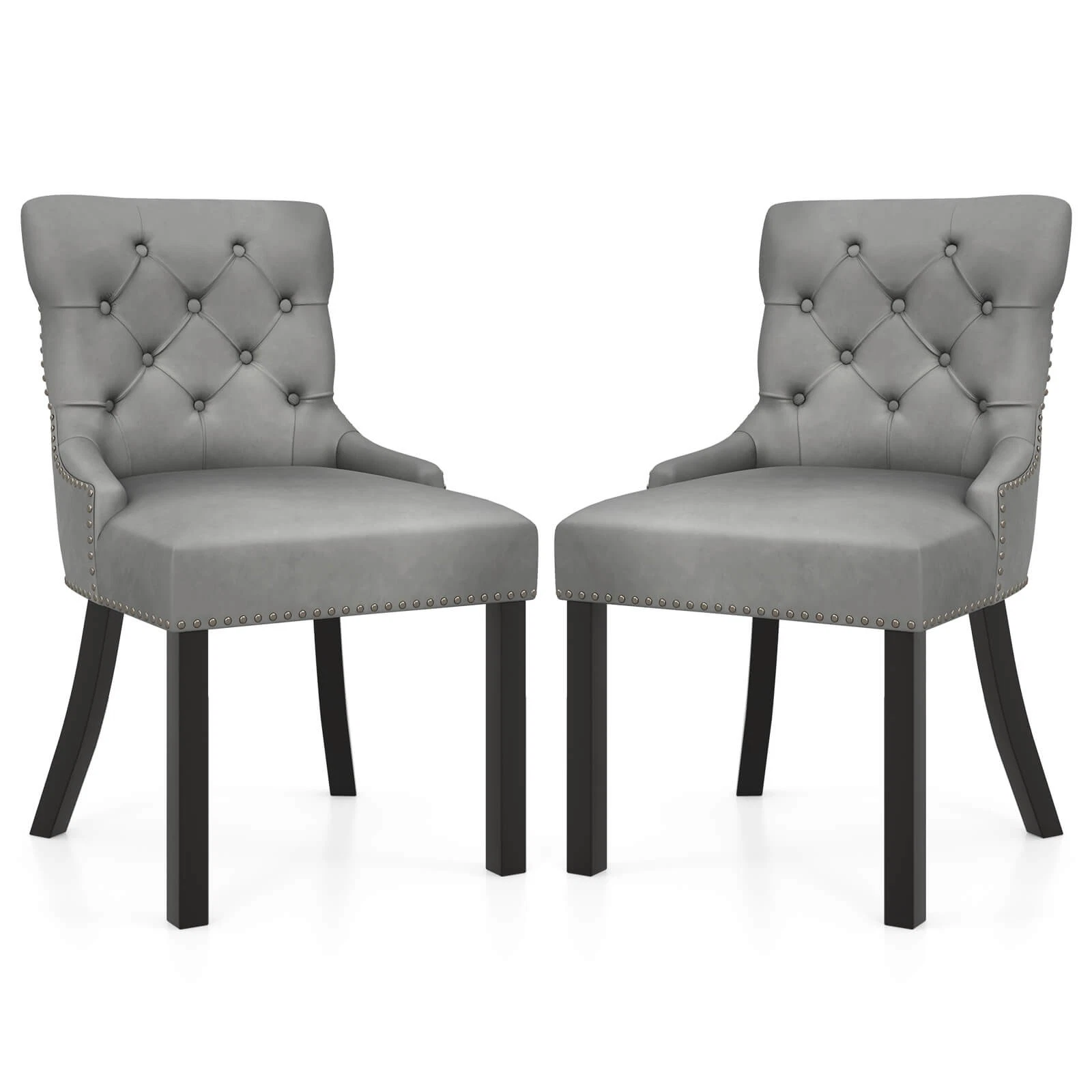 Costway 2 PCS Upholstered Dining Chairs Set of 2 with Solid Rubber Wood Frame, Curved Backrest Brown/Grey - Thumbnail 2