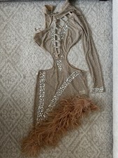Lovers Forever Skin Tan Rhinestones & Feathers Hem Asymmetrical Party Dress