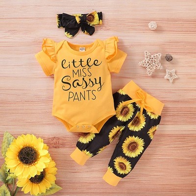 3Pcs Newborn Baby Girl Clothes Letter Romper Tops+Pants+ Headband Outfit Set