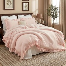 Pink Ruffled Queen Comforter 3-Piece Vintage Washed Microfiber All-Season Fluffy