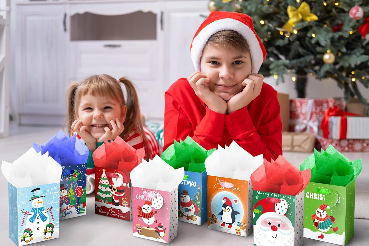 20Pcs Mini Chirstmas Gift Bags with Tissue Paper and Tag, Small Paper Bags with 