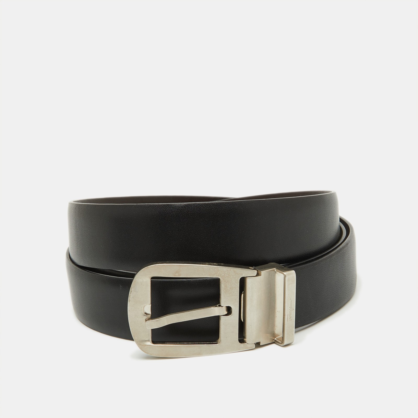 Ferragamo Black Dark Brown Leather Adjustable Buckle Belt
