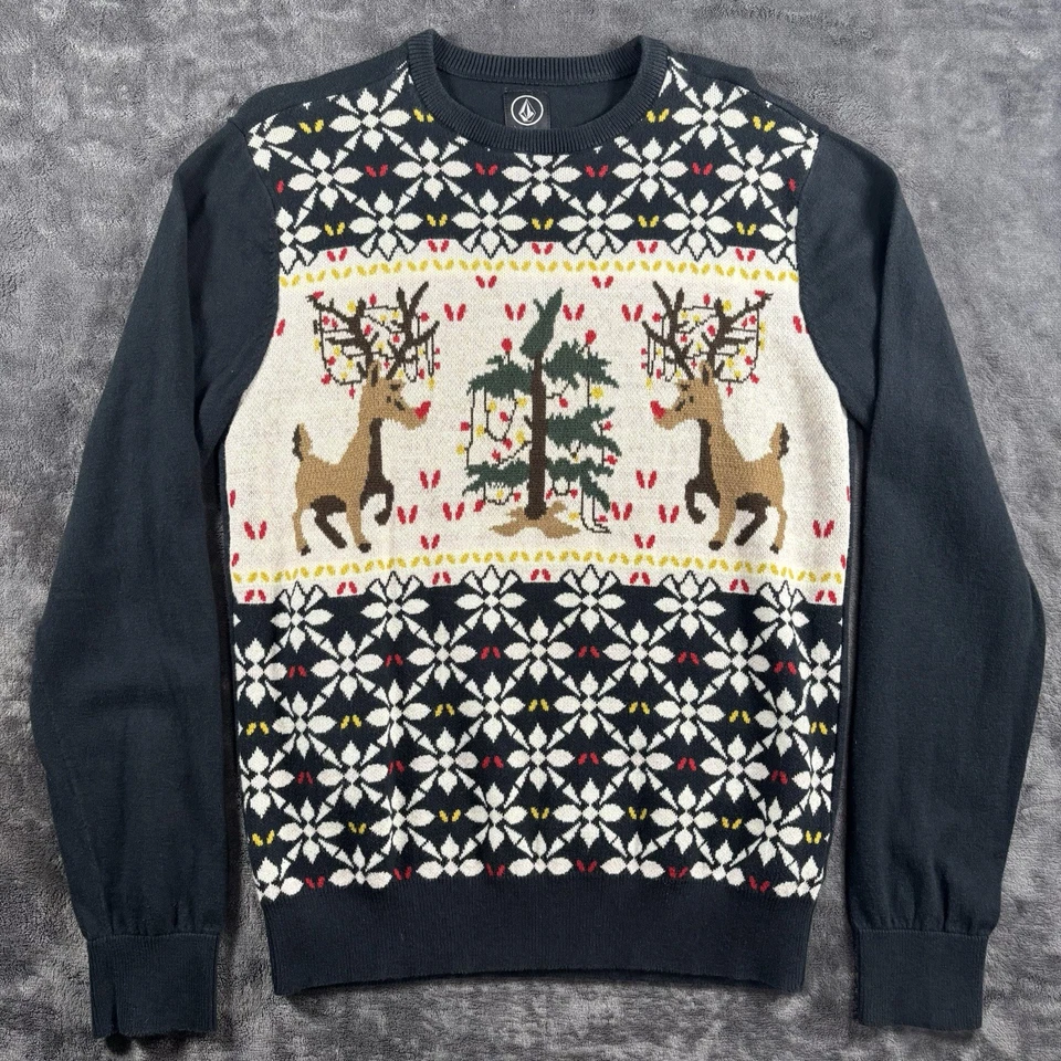 Volcom Mens Sweater Medium Holidays Christmas Winter AOP Reindeer Pullover - Image 2 of 4