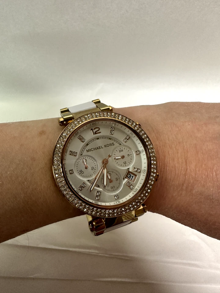 Impresionante reloj cronógrafo blanco MK para damas (mk6119) Parker con caja Foto 2 de 3