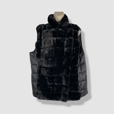 DKNY Women's Black Faux-Fur Quilted Zip Puffer Vest Jacket Coat Size XL