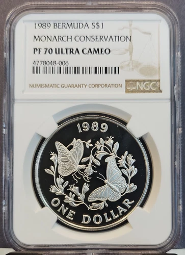 1989 BERMUDA SILVER 1 DOLLAR MONARCH CONSERVATION NGC PF 70 ULTRA CAMEO POP 1