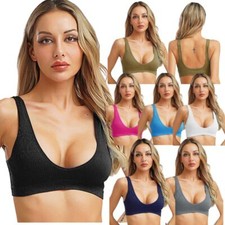 Women Bustier Ribbed Crop Tops Gym Bra Adult Wide Shoulder Straps Fitness Yoga