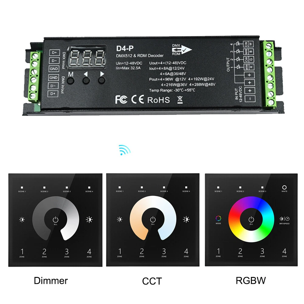 4CH DMX 512 RDM Decoder DC 12V 24V 48V Dimmer WWCW RGBW LED Strip Controller