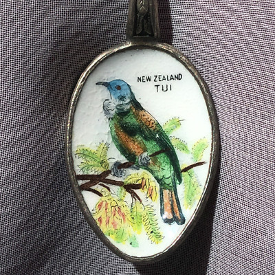 Emaille Bild Schale Löffel Tui Vogel Kowhai Baum Neuseeland Souvenir EPNS