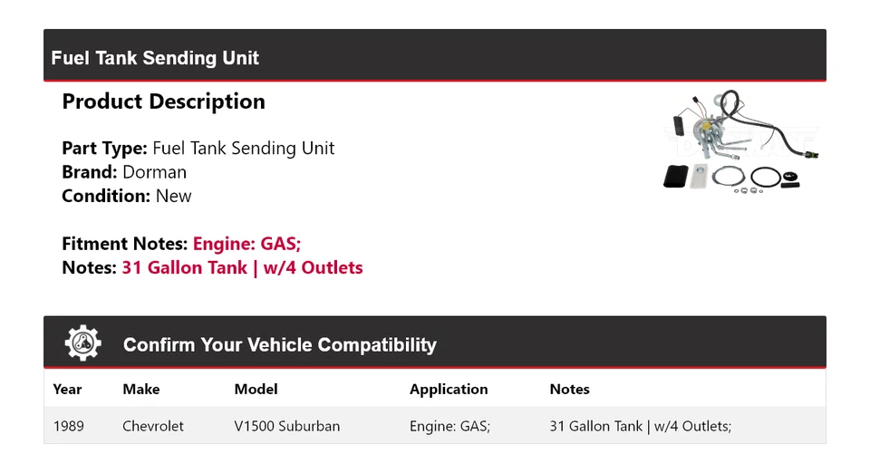 Unidad de envío de tanque de combustible Dorman GAS 1989 Chevrolet V1500 Suburban Foto 2 de 4