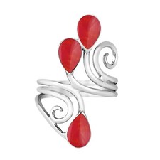 Floral Vine Ornate Teardrop Red Coral Sterling Silver Ring-9