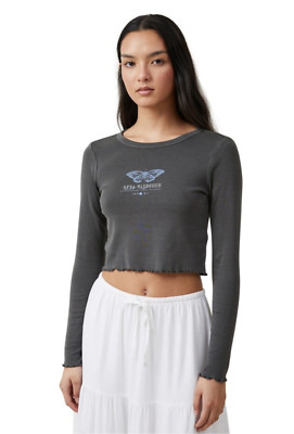 Cotton On Women's L/S Lettuce Graphic Micro Tee Luna Wanderer Moon Size 2XS NEW