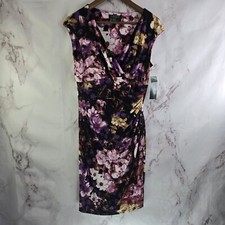 Lauren Ralph Lauren Dress Women Medium 8 Purple Sheath V Faux Wrap Ruched Floral