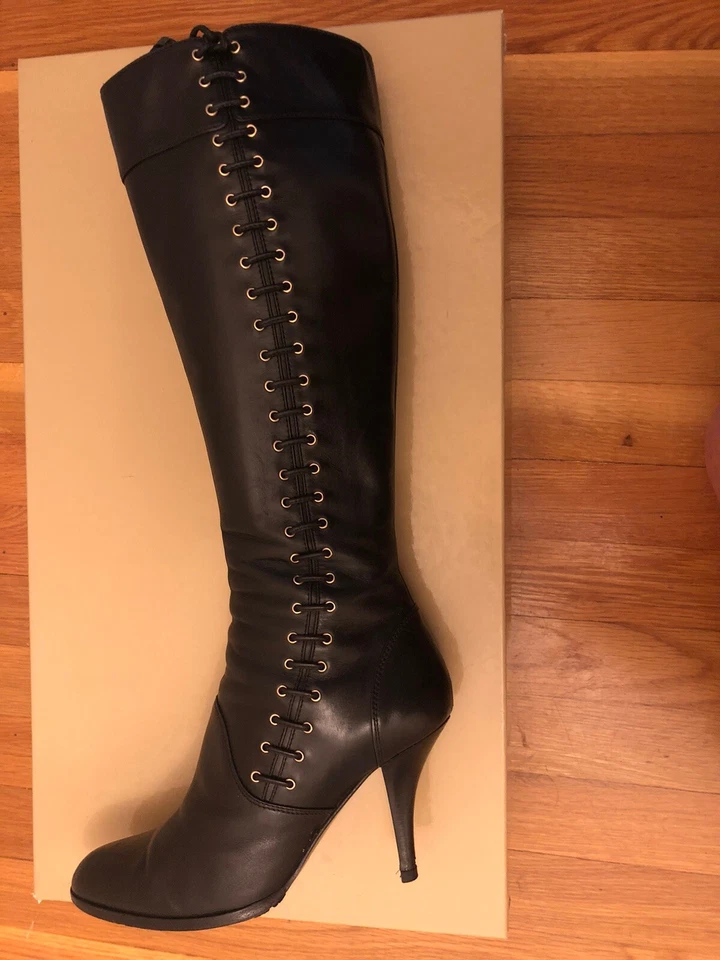 Sergio Rossi Knee High Boots EU 37.5 Stiletto Heels Black Leather Zip ITALY - Image 2 of 4