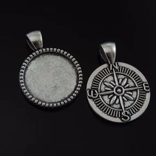 8 pcs Retro Silver Alloy Compass Charm Inner 20mm Round Bezel Frame Pendant Tray