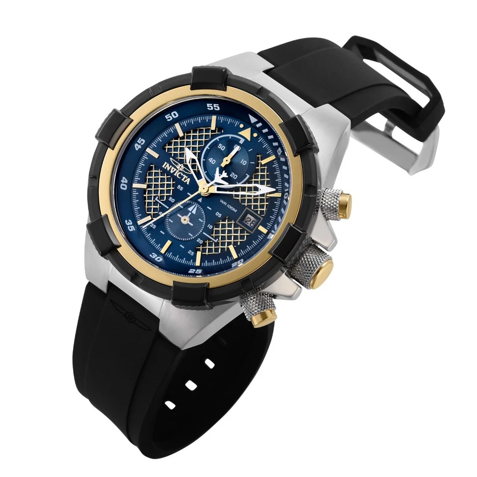 Invicta Aviator Men's Chronograph Watch 44523 Black Silicone, Blue Gold Dial New - Image 4 of 4
