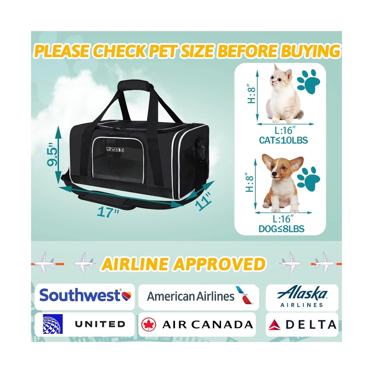 Pets Carrier 17x11x9.5 Alaska Airline Approved,Pet Travel Carrier