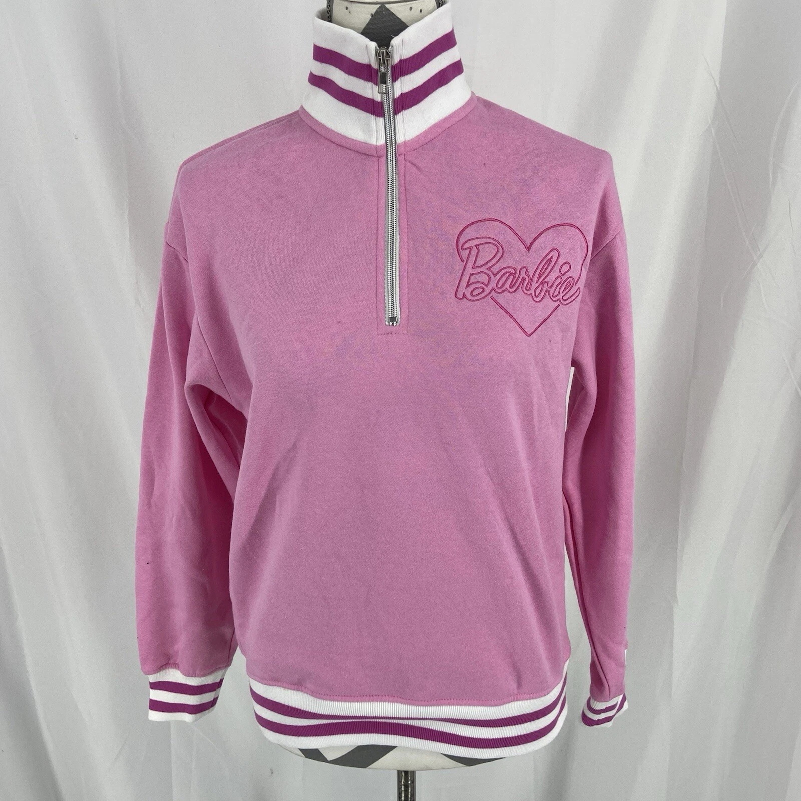 New Barbie Sweater Sweatshirt Pullover 1/4 Zip Pink Mattel Size Small