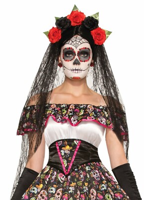 Forum Novelties Day of the Dead Veil Headband Flowers Halloween