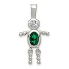 Sterling Silver Rhodium-plated CZ and Birthstone Green May Glass Boy Pendant