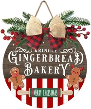 Merry Christmas Gingerbread Bakery Front Door Sign, Xmas Holiday Wood Door Hange