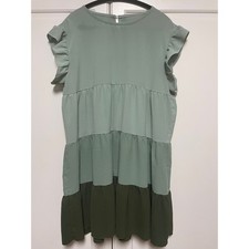 Shein Tiered Ruffle Sleeve Colorblock Midi Dress Green XL 12