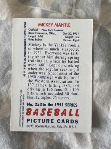 1996 Topps Finest W/Coating Mickey Mantle #1 Insert (1951 Bowman RP) - Picture 2 of 2
