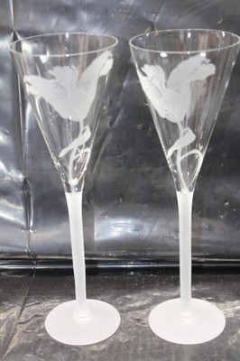 PAIR Vintage Perry Coyle Signed Champagne Flute Etched Tiger Lily {843}