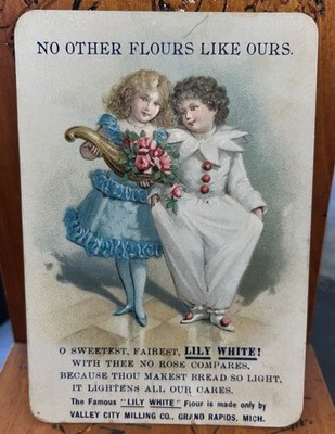 Lily White Flour Valley City Milling Co Clown Flowers Embossed Trade Card c1880s