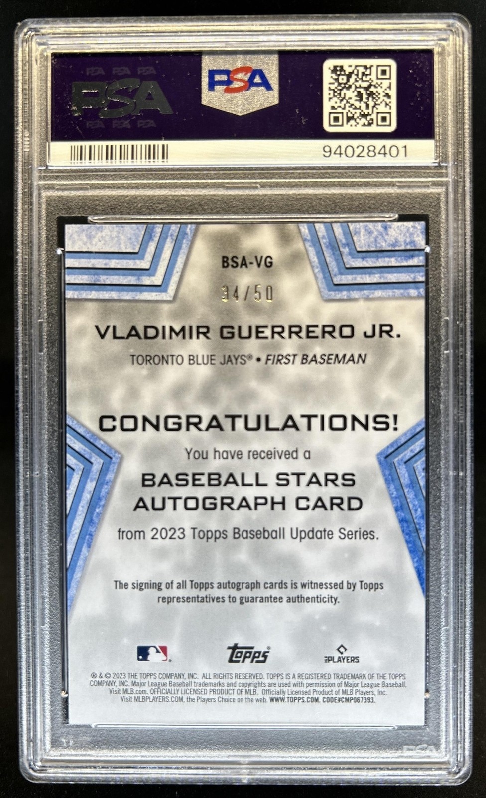 2023 Topps Update Vladimir Guerrero Jr. Baseball Stars Auto Gold #/50 PSA 10 view 2