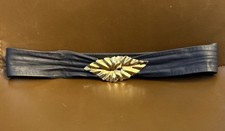 Vintage 80s/90s navy blue leather belt with gold leaf buckle
