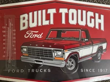 Ford Truck  Embossed Metal Sign Thermometer Gauge Built Ford Tough Vintage Look 