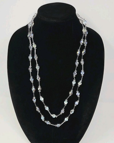 AB Faceted Crystal Beaded 60 Inch Necklace & Waterfall Clip-on Earrings Vintage - Picture 6 of 16